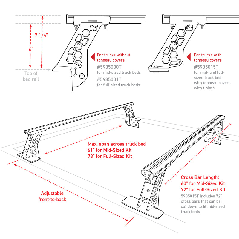 Go Rhino 15-22 Ford F-150 / 07-21 Toy. Tundra XRS Cross Bars Kit - Tex Blk (Attch Tonneau Cvr T-Trk)